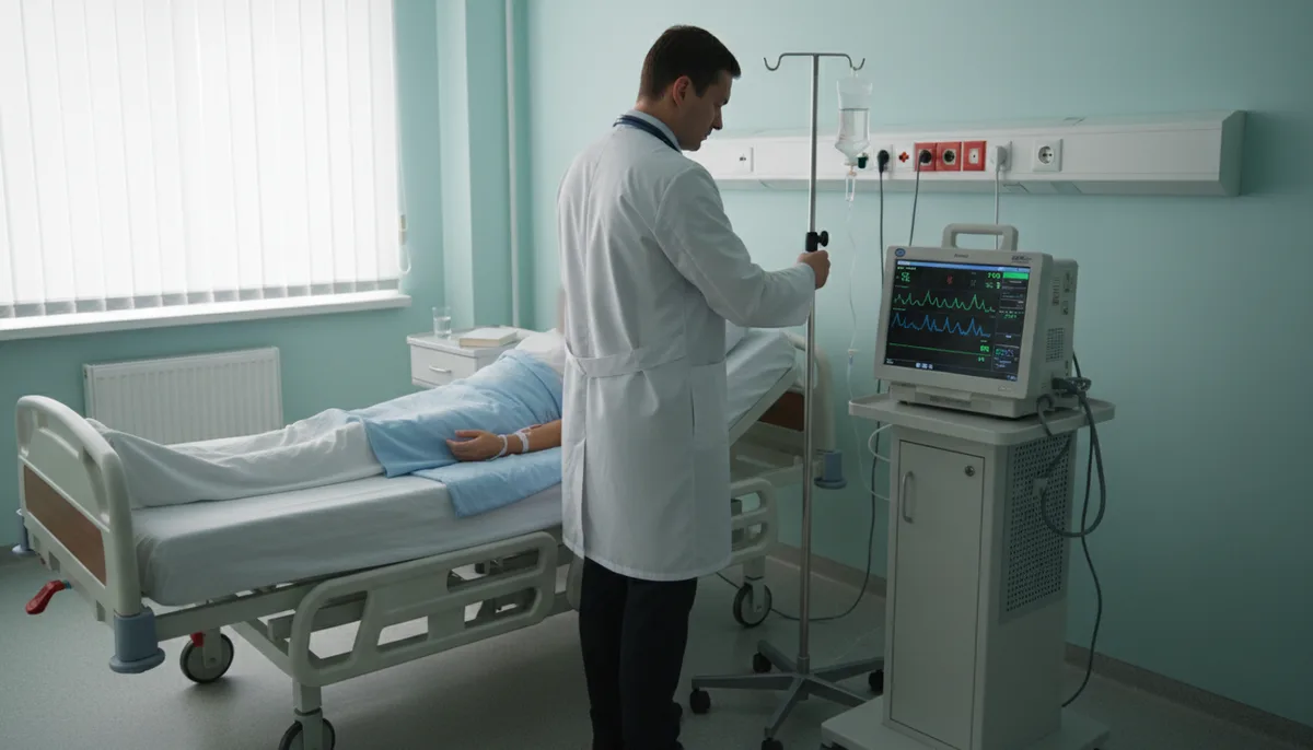 Медицинский стационар, капельница, прикроватный монитор, белый халат, палата наркологического отделения