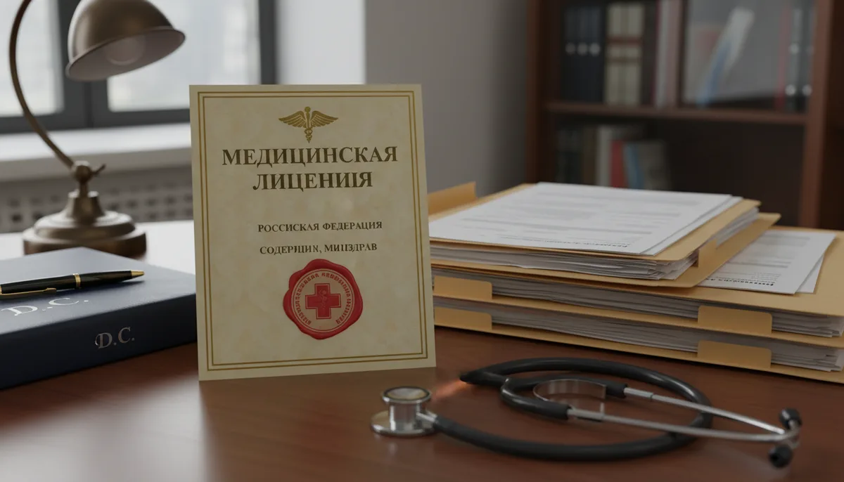 медицинская лицензия, печать, стетоскоп, папка с документами, рабочий стол