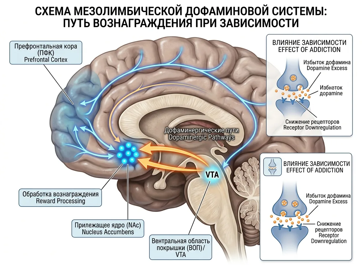 Схема мезолимбической дофаминовой системы мозга, путь вознаграждения при зависимости, медицинская иллюстрация